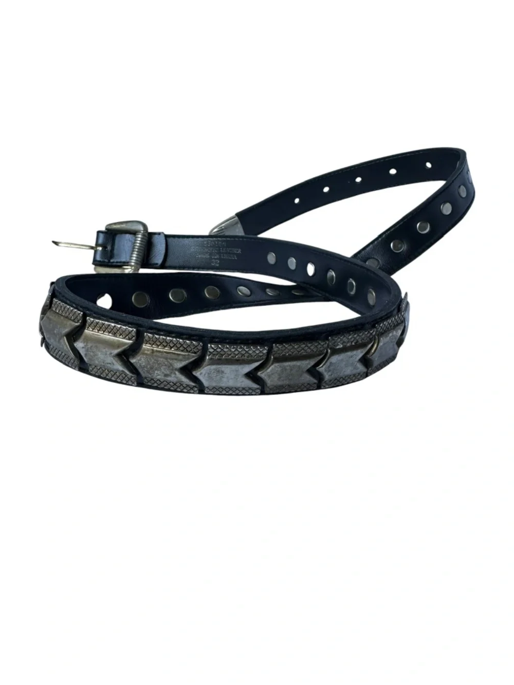 Vintage Black Synthetic Leather & Silver Metal Panels Unisex Belt Size 32 Rock
